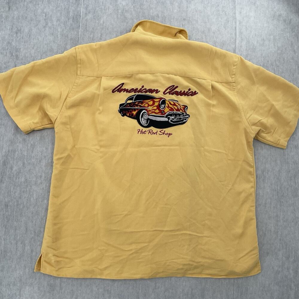 Cubavera Shirt Adult Large Yellow Hot Rod Shop Embroidered Loop Collar Mens L